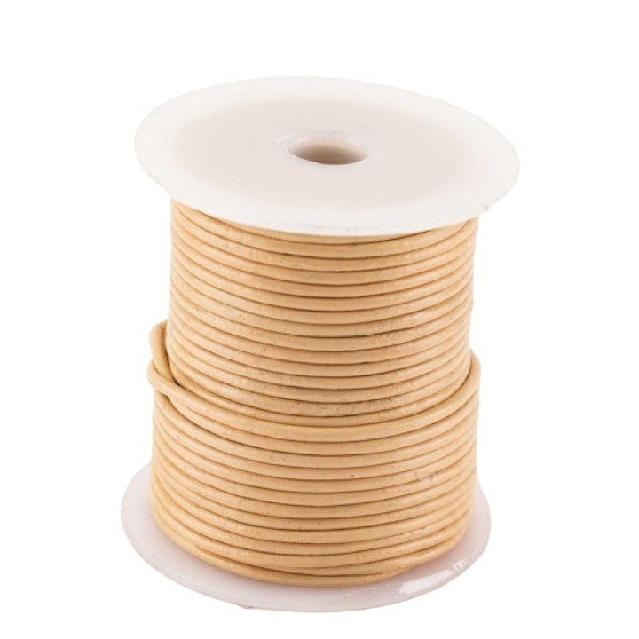 Lacet de cuir de buffle rond 2 mm, couleur naturel et tannage végétal en bobine de 25 mètres.