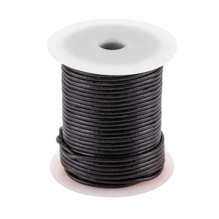 Lacet cuir de buffle rond, diamêtre 2 mm couleur noir, bobine de 25m.