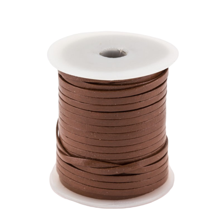 Lacet de cuir plat 3 mm marron clair d'une épaisseur de 1mm et d'une longueur en continu de 25 mètres.