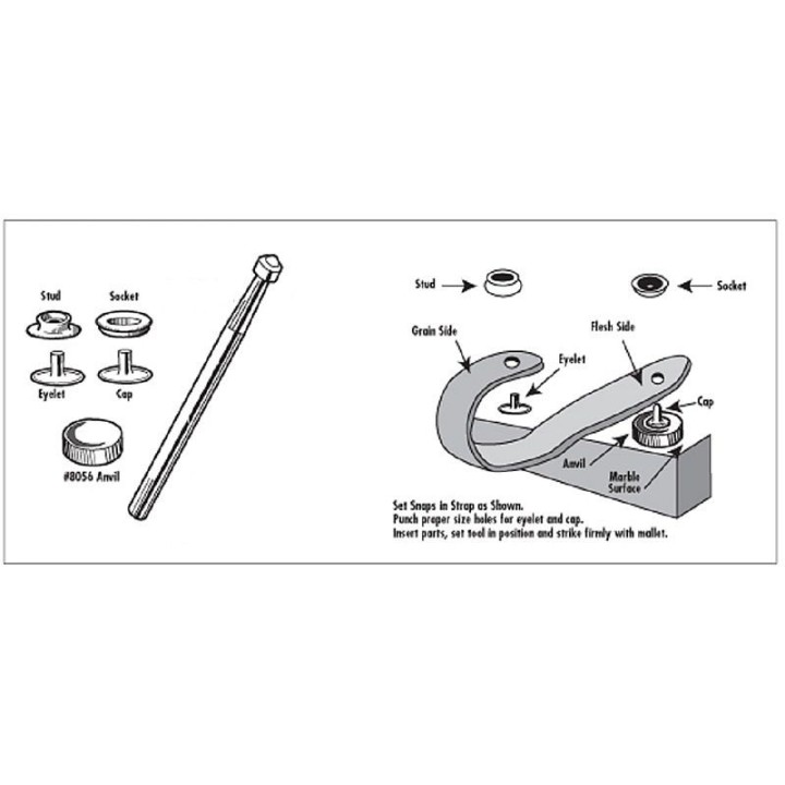 Pose d'un bouton à pression sur cuir à l'aide du pose bouton à frapper utilisé avec le support de pose.